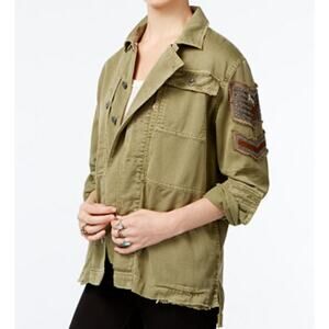 Free People Size Small Embellished Military Jacket Olive Green Button Front